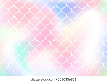 Mermaid scales background with holographic gradient. Bright color transitions. Fish tail banner and invitation. Underwater and sea pattern for girlie party. Creative backdrop with mermaid scales.