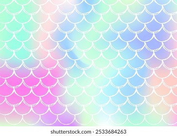 Mermaid scales background with holographic gradient. Bright color transitions. Fish tail banner and invitation. Underwater and sea pattern for girlie party. Creative backdrop with mermaid scales.