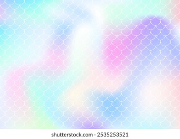 Mermaid scales background with holographic gradient. Bright color transitions. Fish tail banner and invitation. Underwater and sea pattern for girlie party. Retro backdrop with mermaid scales.