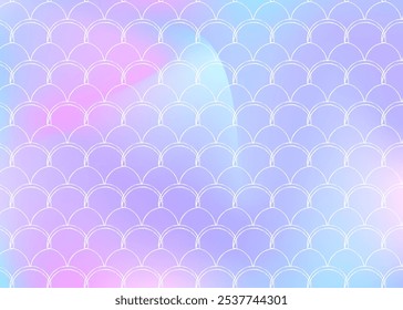 Mermaid scales background with holographic gradient. Bright color transitions. Fish tail banner and invitation. Underwater and sea pattern for girlie party. Spectrum backdrop with mermaid scales.