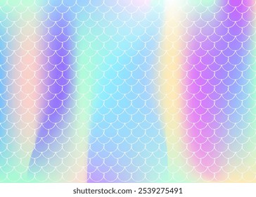 Mermaid scales background with holographic gradient. Bright color transitions. Fish tail banner and invitation. Underwater and sea pattern for girlie party. Plastic backdrop with mermaid scales.