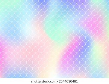 Mermaid scales background with holographic gradient. Bright color transitions. Fish tail banner and invitation. Underwater and sea pattern for girlie party. Neon backdrop with mermaid scales.