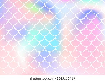 Mermaid scales background with holographic gradient. Bright color transitions. Fish tail banner and invitation. Underwater and sea pattern for girlie party. Vibrant backdrop with mermaid scales.