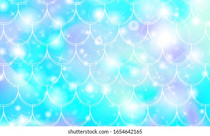 Mermaid scales. Fish squama. Kawaii pattern. Watercolor holographic stars. Rainbow background. Color vector illustration. Scale print.