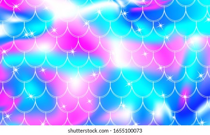 Mermaid scales. Fish squama. Kawaii pattern. Watercolor holographic stars. Rainbow background. Color vector illustration. Scale print.