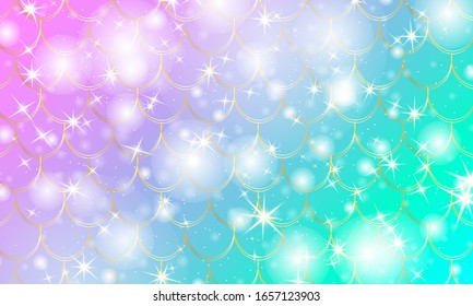 Mermaid scales. Fish squama. Kawaii pattern. Watercolor holographic stars. Rainbow background. Color vector illustration. Scale print.