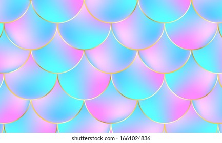 Mermaid scales. Fish squama. Kawaii pattern. Watercolor holographic background. Color vector illustration. Scale print.