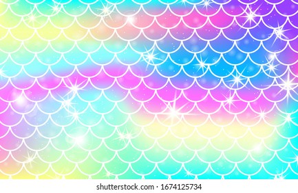 La sirena escala. Escuadrón de pescado. Patrón Kawaii. Estrellas holográficas de color de agua. Fondo arco iris. Ilustración vectorial de color. Escale la impresión.