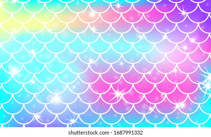 La sirena escala. Escuadrón de pescado. Patrón Kawaii. Estrellas holográficas de color de agua. Fondo arco iris. Ilustración vectorial de color. Escale la impresión.