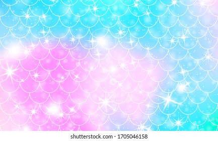 Mermaid scales. Fish squama. Kawaii pattern. Watercolor holographic stars. Rainbow background. Color vector illustration. Scale print.