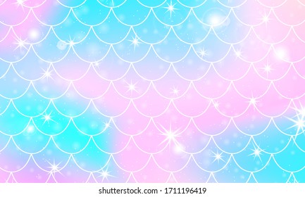 Mermaid Scales. Fish Squama. Mermaid Kawaii Pattern. Watercolor Holographic Stars. Rainbow Background. Mermaid Print. Color Vector Illustration. Scale Print.