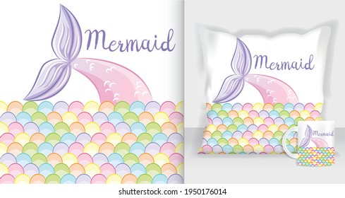 Mermaid scales pattern pillow mockup. Seamless pattern with cute mermaid tail