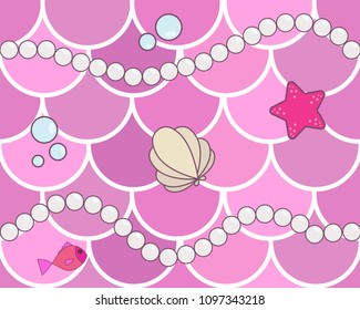 Mermaid scales seamless background pattern. Pink fish scales with cartoon pearls, starfish, bubbles and seashell. Cute background for card, print, invitation etc.