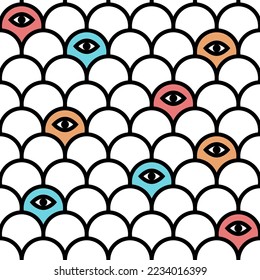 Mermaid scales seamless girly pattern with circles and eyes. Fish, dragon tail, fairy background, template for fabric, paper packaging, textiles. Creative pattern