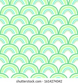 Mermaid scales seamless pattern in Scandinavian style isolated on white background. Rainbow vector stock illustration. 