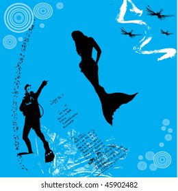 mermaid and scuba diver grunge background vector