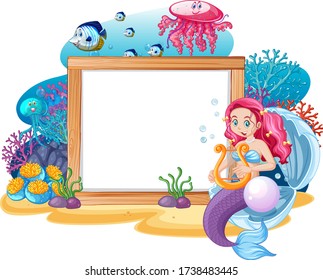 Mermaid and sea animal theme with blank banner cartoon style on white background illustration