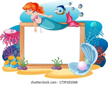 Mermaid and sea animal theme with blank banner cartoon style on white background
 illustration