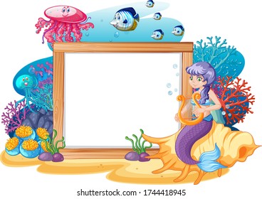 Mermaid and sea animal theme with blank banner cartoon style on white background illustration