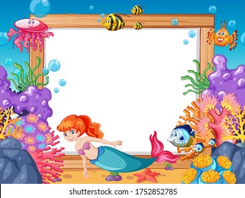 Mermaid and sea animal theme with blank banner cartoon style on under sea background illustration