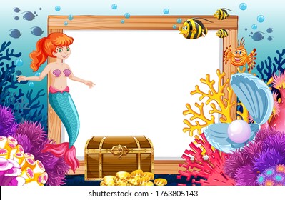 Mermaid and sea animal theme with blank banner cartoon style on under sea background illustration