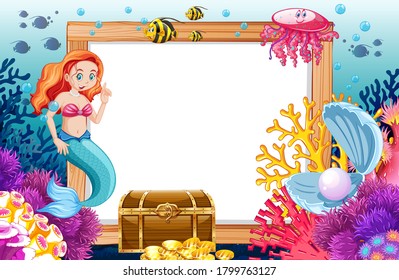 Mermaid and sea animal theme with blank banner cartoon style on under sea background illustration