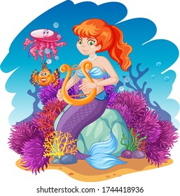 Mermaid and sea animal theme cartoon style on under sea background illustration