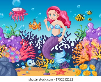 Mermaid and sea animal theme cartoon style on under sea background illustration