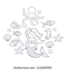 Mermaid and sea animals. Coloring book for children, vector illustration.