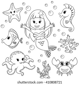 Mermaid and sea animals. Fish, starfish, octopus, seahorse. Black and white vector illustration for coloring book