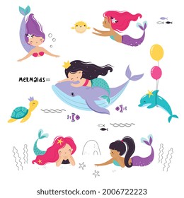 Mermaid and Sea Animals Floating Underwater Vector Set