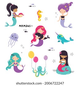 Mermaid and Sea Animals Floating Underwater Vector Set