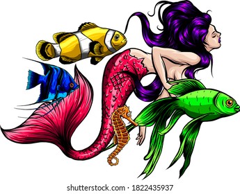 Mermaid, sea animals and seaweed on a white background