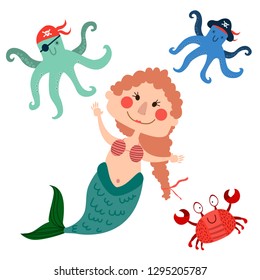 mermaid and sea animals set vector