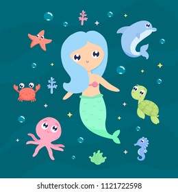 Mermaid with sea animals vector illustration