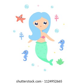 Mermaid with sea animals vector illustration