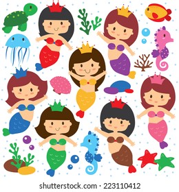 mermaid and sea creatures clip art set