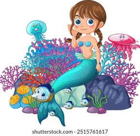 Mermaid with sea creatures in colorful coral reef