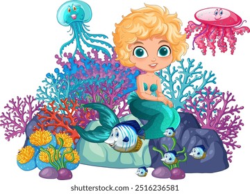 Mermaid and sea creatures in colorful coral reef