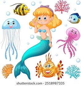 Mermaid and sea creatures in a colorful scene