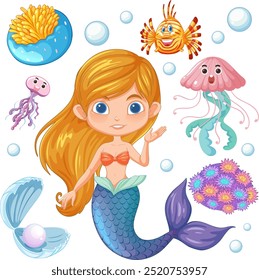 Mermaid and sea creatures in colorful underwater scene