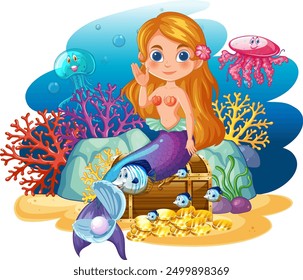 Mermaid with sea creatures and treasure chest