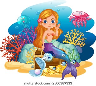 Mermaid with sea creatures and treasure chest