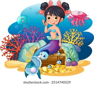 Mermaid with sea creatures and treasure chest