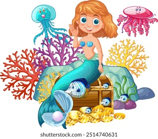 Mermaid with sea creatures and treasure chest