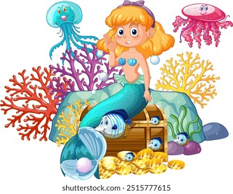 Mermaid with sea creatures and treasure chest