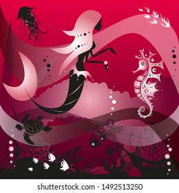 Mermaid and sea creatures underwater. Dream contest, red colored background. Vector illustration.