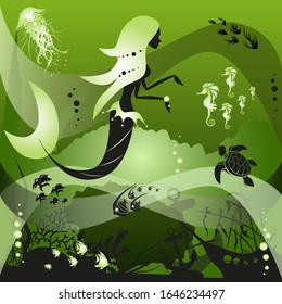 Mermaid and sea creatures underwater life scene. Dream contest. Vector illustration.