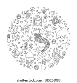 Mermaid sea doodles girl character ocean fish starfish dolphin black and white in circle