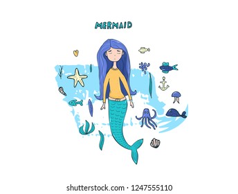 Mermaid and sea elements set in doodle style. Underwater characters and symbols. Vector illustration.